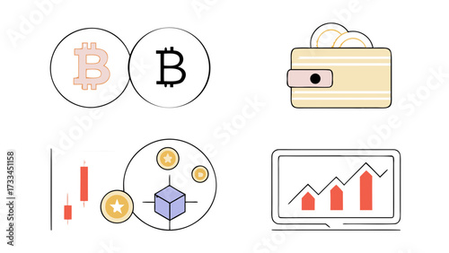 Illustration featuring bitcoin symbols, wallet, cryptocurrency, and a stock chart on a laptop screen on transparent background silhouette