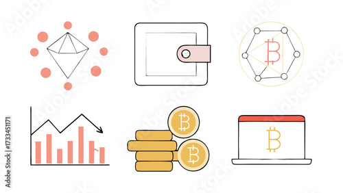 Illustration showing cryptocurrency concepts including bitcoin, wallet, and a downward trending graph on transparent background silhouette