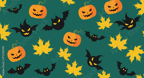 A festive pattern of carved pumpkins and stylized bats fills the screen with autumnal leaves.