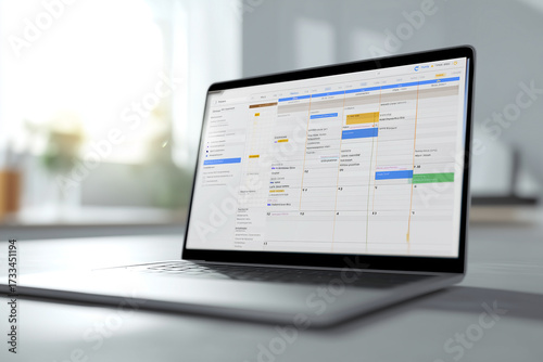Open laptop showing calendar application. Scheduling software on screen offers planning and time management tools to users.