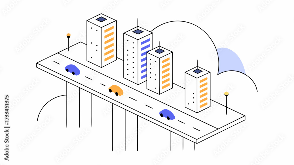 Obraz premium Isometric view of city buildings with cars on a bridge and clouds in the background in line art on transparent background silhouette