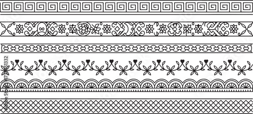 A collection of decorative borders, showcasing diverse patterns from geometric meanders to floral vines, offering versatile design elements for embellishing various creative projects