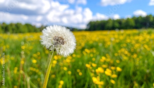 Close-up dandelion in a field of yellow wildflowers