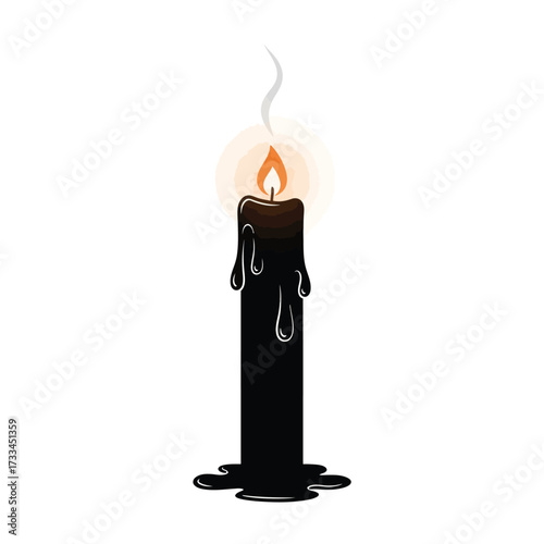 Lit black candle with dripping wax and a glowing flame, isolated on a white background, symbolizing mystery or ritual.