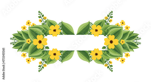 A beautiful symmetrical floral arrangement with yellow flowers and green leaves.