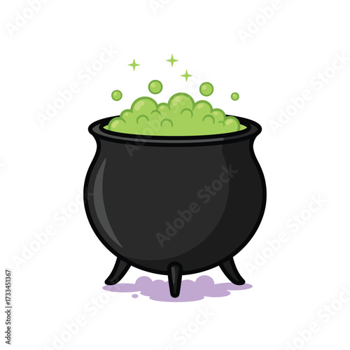 A cartoon black cauldron with bubbling green liquid and magical sparkles, isolated on a white background.