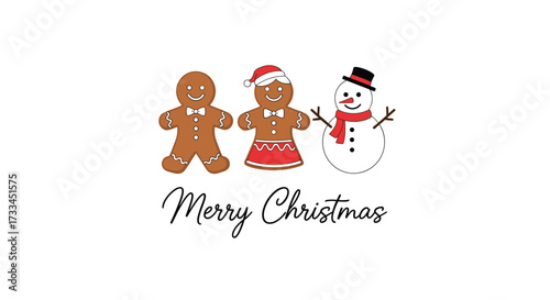 Cute gingerbread couple and snowman with a merry christmas message.