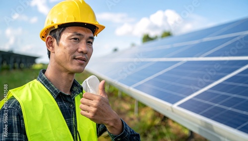 Confident Engineer Giving Thumbs Up at Solar Farm