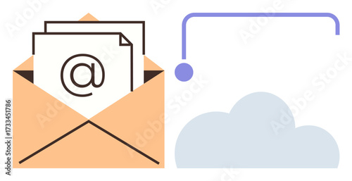 Open envelope with email symbol, paper sheets, cloud, and connector line. Ideal for email, communication, storage, technology transfer backup and network themes. Simple flat metaphor