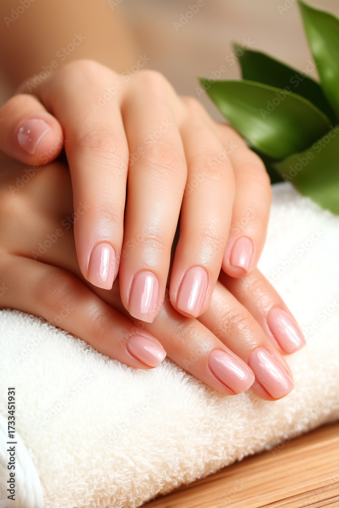 Naklejka premium Elegant hands with manicured nails rest on a soft towel, showcasing beauty and self-care. A touch of greenery adds freshness.