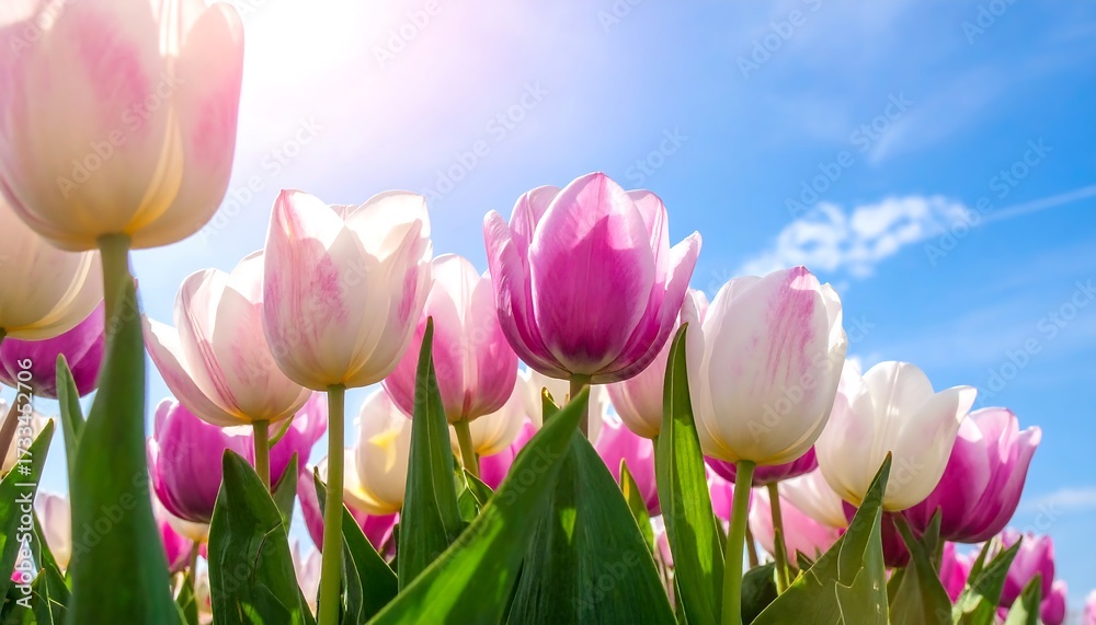 Naklejka premium Blooming tulips under a vibrant sky