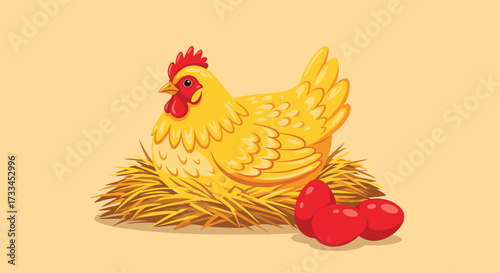 A vibrant yellow hen sits protectively on her nest with three bright red eggs.