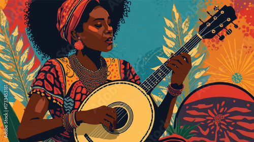 Ai Generate African American Woman with Musical Instrument Cultural Vector Art.