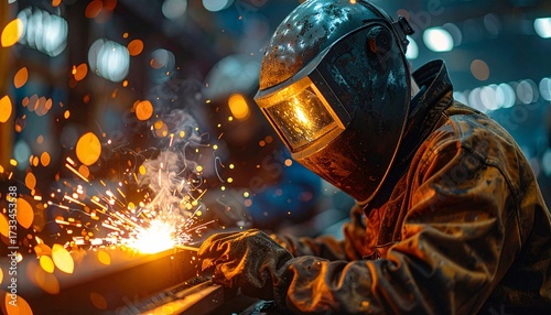 Welder Working with Bright Sparks and Industrial Background