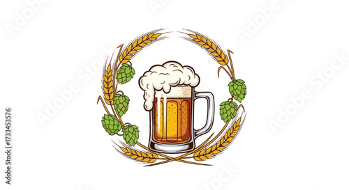 A refreshing pint of golden lager beer adorned with hops and barley grains.