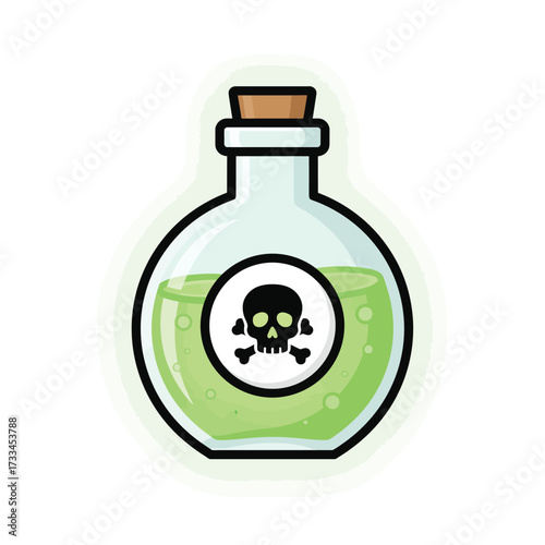 Cartoon illustration of a round glass bottle filled with glowing green liquid, sealed with a cork, and featuring a black skull and crossbones label.