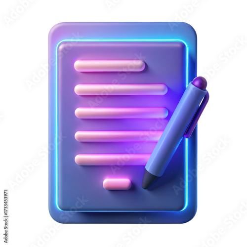 High quality photo of a stylized 3d document icon with neon lighting and a pen isolated on transparent background