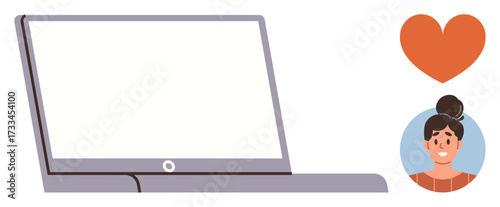 Open laptop beside a large heart and smiling person. Ideal for technology, communication, support, connectivity, online relationships, positivity, empathy. Clean simple flat metaphor