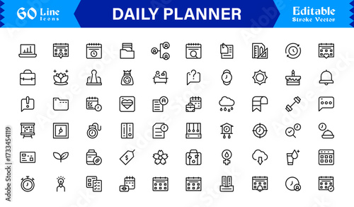 Daily Planner and Productivity Line Icon Set Modern Minimal Outline Symbols for Schedule, Task, and Time Management
