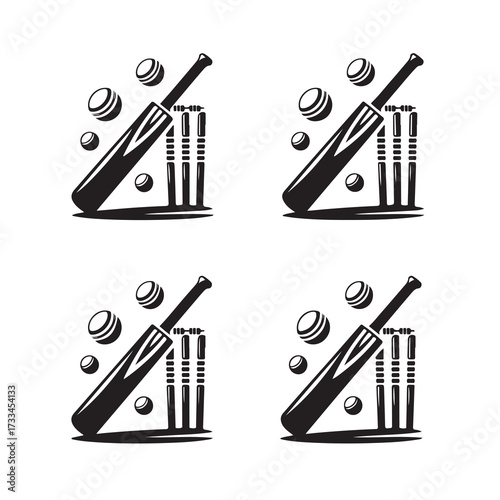 Four Black Cricket Bats Wickets And Balls With Shadows On White Background sport