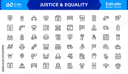 Justice And Equality Professional Line Icon Collection – Modern, Minimal, Pixel-Perfect Legal Symbols With Editable Outline Style for Premium Use