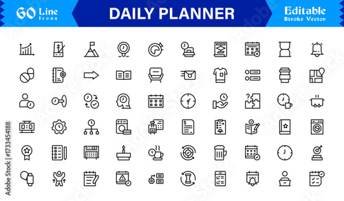 Daily Planner and Productivity Line Icon Set Modern Minimal Outline Symbols for Schedule, Task, and Time Management