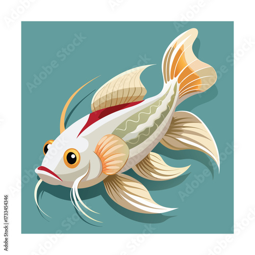 White Koi Fish With Red and Gold Accents On Muted Green Background