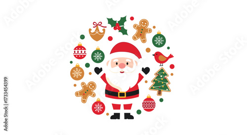 Festive santa claus surrounded by traditional christmas ornaments and decorations in a circular pattern.