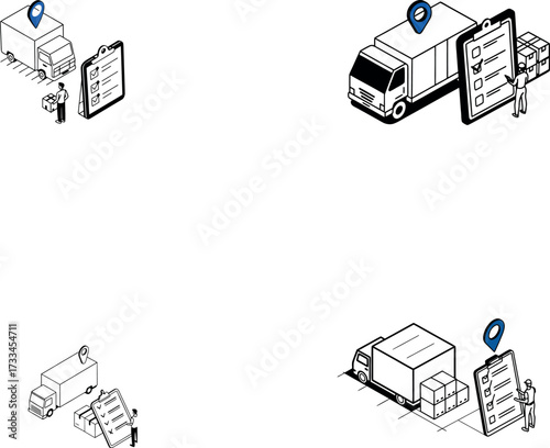 Isometric Logistics and Delivery Tracking Icon Set. Thin Line Vector Illustration of Shipping Truck, Check List, Parcel Boxes, and GPS Location Pin.