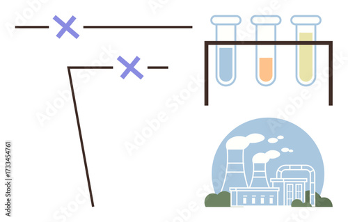 Power lines intersect above test tubes with colored liquids near an industrial plant emitting smoke. Ideal for energy production, environmental science, sustainability, chemical testing, pollution