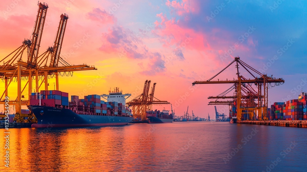 Fototapeta premium Wide cinematic dusk shot of cargo ships at port implementing IMO Push Green Shipping standards with eco lighting. 