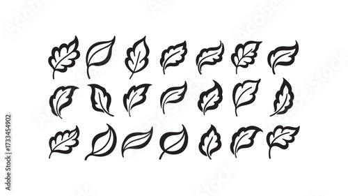Black outline leaf vector icon set for nature design, eco logo, botanical illustration, organic pattern, hand drawn leaves, floral graphics, and natural decoration elements for artwork and prints.