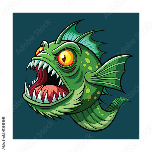 Aggressive green fish with sharp teeth and yellow eyes