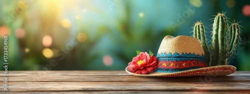 Sombrero and Cactus on a Wooden Table