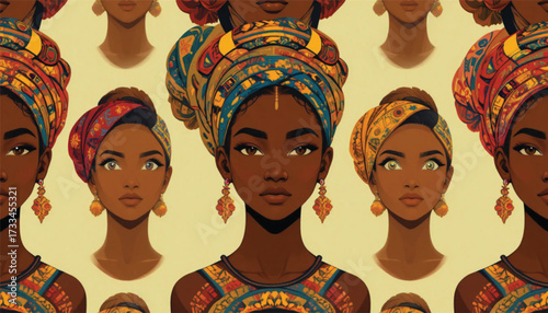 Vector seamless pattern of African women faces with headwraps and earrings, bold and colorful style Ai Generate .