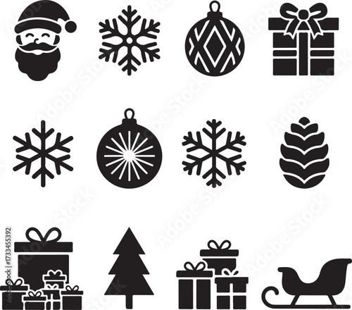 Christmas Emblems: A curated collection of festive holiday vector graphics, presents various iconic Christmas emblems in simple forms, conveying joy.