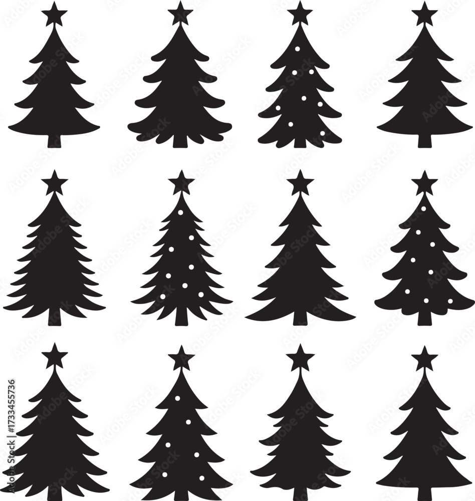 Fototapeta premium Festive Silhouette Trees: An array of Christmas trees with varied ornaments and stars set the stage for holiday cheer, exuding timeless charm. 