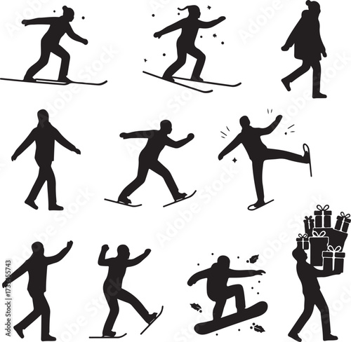 Winter Sports Silhouette: A collection of various figures engaging in winter sports, showcased in striking black silhouettes, capturing dynamic movement and festive spirit.