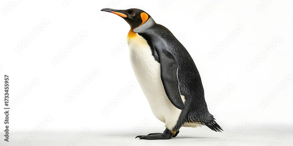 Fototapeta premium A majestic king penguin stands tall and proud against a stark white background showcasing its vibrant plumage and elegant posture