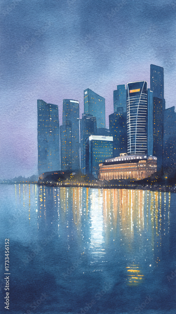 Fototapeta premium Explore the Vibrant City Skyline in Watercolor: A Serene Night View Capturing Modern Architecture and Tranquil Reflections on the Water