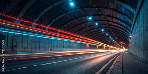 Vibrant streaks of red and blue light illuminate a dark tunnel capturing the motion of vehicles in a long exposure photograph