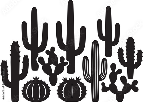 Cactus Silhouette Collection: A striking monochromatic silhouette arrangement of various cactus species, showcasing the unique shapes and textures of desert flora in a bold, graphic style.