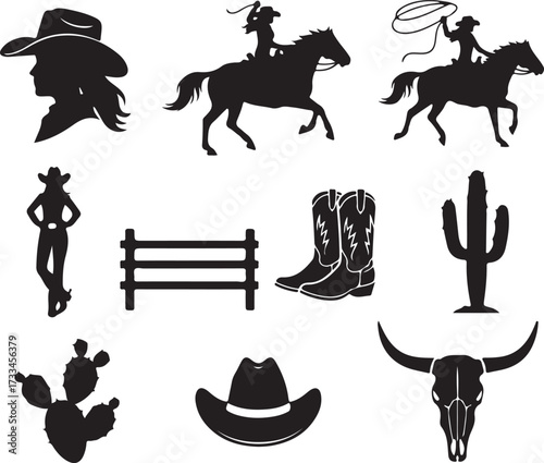 Cowboy and western icons :A collection of icons captures the spirit of the Wild West, offering a versatile set of elements for design projects. Including cowboy, boots, cactus and more.