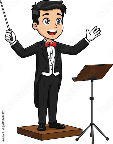Cartoon orchestra conductor leading symphony performance, male musician in tuxedo with baton, standing on podium with music stand