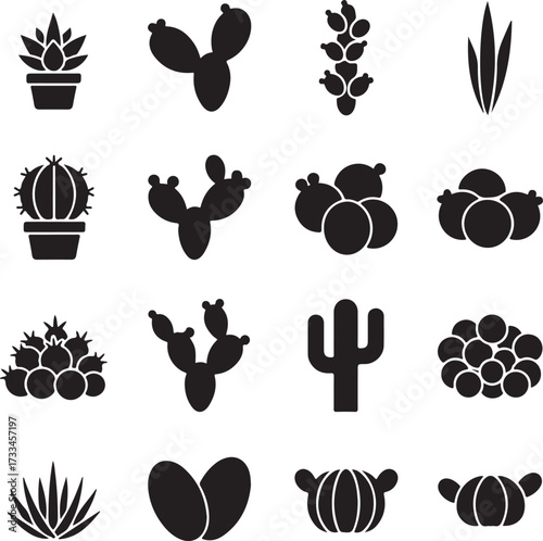 Cactus Variety Icon Set: A visually appealing set showcasing the diverse forms of cacti in a sleek, modern design, perfect for illustrating botanical variety.