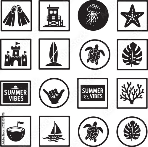 Summer Symbols: Summer icons representing beach, water and activities. These icons are stylized and well-composed.