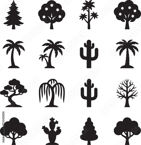 Diverse Tree Silhouette Collection: A captivating array of varied tree silhouettes showcasing an assortment of arboreal forms, perfect for nature-themed design projects.
