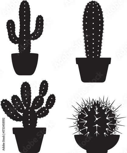 Desert botanical diversity: Silhouette of four different cactus plants in pots, capturing the essence of desert flora, with a focus on intricate detail and natural shapes.