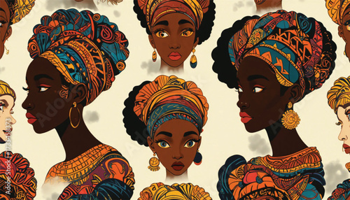 Vector seamless pattern of African women faces with headwraps and earrings, bold and colorful style. Ai Generate 