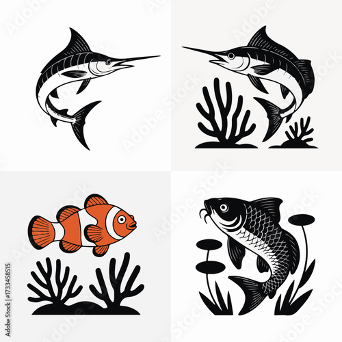 Four Aquatic Life Illustrations Marlin Clownfish Carp and Coral Silhouettes swordfish